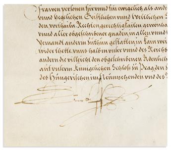 RUDOLF II; HOLY ROMAN EMPEROR. Vellum Document Signed, Rudolff II, as Emperor, patent of nobility for Hannsen Prandt, in German, with